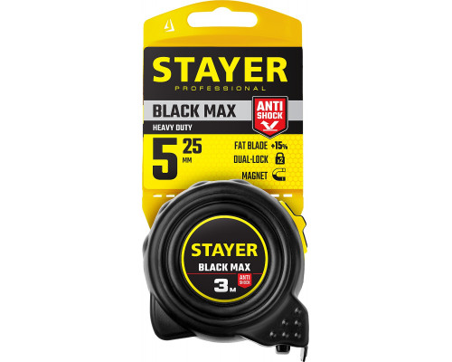 STAYER BlackMax 5м / 25мм рулетка в ударостойком полностью обрезиненном корпусе и двумя фиксаторами