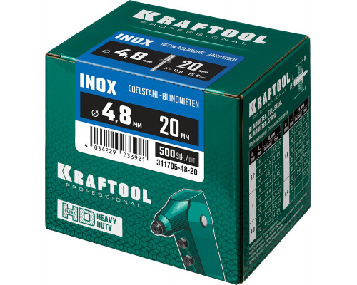 Нержавеющие заклепки Inox, 4.8 х 20 мм, 500 шт, Kraftool