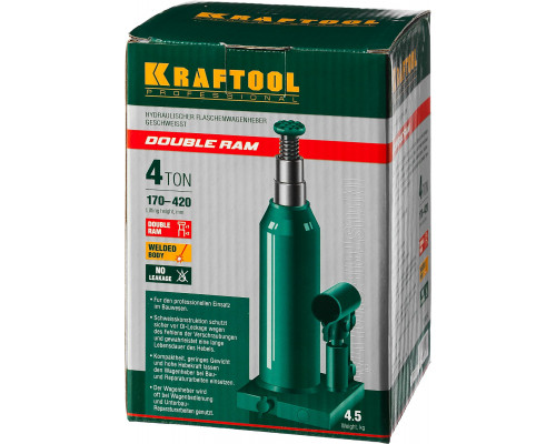 KRAFTOOL DOUBLE RAM 4т 170-420мм домкрат двухштоковый бутылочный с увеличенным подъемом, KRAFT BODY
