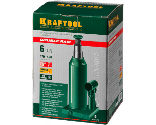 KRAFTOOL DOUBLE RAM 6т 170-420мм домкрат двухштоковый бутылочный с увеличенным подъемом, KRAFT BODY