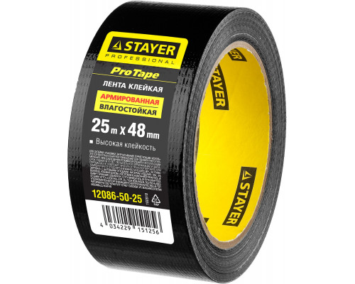 Армированная лента, STAYER Professional 12086-50-25, универсальная, влагостойкая, 48мм х 25м, черная