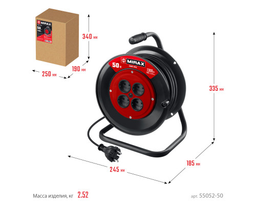MIRAX ПВС, 2 х 0.75 мм2, 50 м, 1300 Вт, удлинитель на катушке (55052-50)