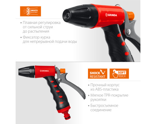 GRINDA T-R, плавная регулировка, курок сзади, пистолет поливочный, пластиковый с TPR