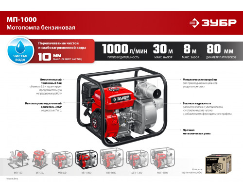 Мотопомпа бензиновая ЗУБР, МП-1000, 1000 л/мин