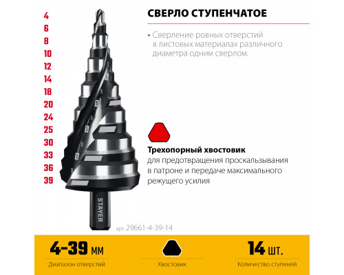 STAYER Pro-Max 4-39мм, 14 ступеней, винтовая спираль, сверло ступенчатое (29661-4-39-14)
