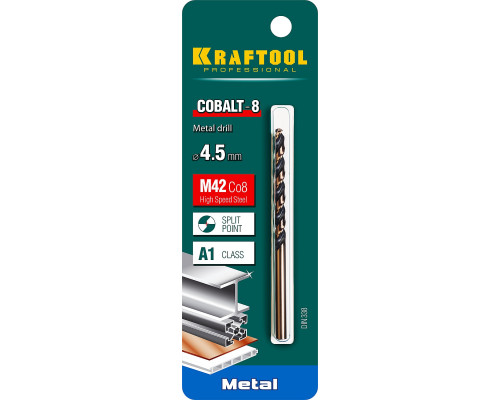 KRAFTOOL COBALT 4.5 х80мм, Сверло по металлу HSS-Co(8%) , сталь М42(S2-10-1-8)