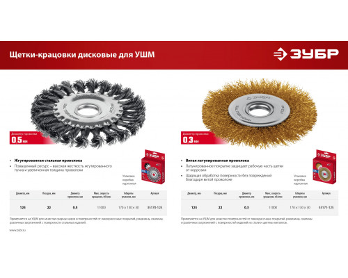 ЗУБР 125х22 мм, щетка дисковая для УШМ, жгутированная стальная проволока 0.5 мм, посад. 22 мм (35170-125)