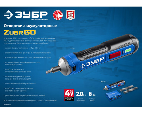 ЗУБР Профессионал PSD-4 отвертка аккумуляторная 4 Vmax, в коробке