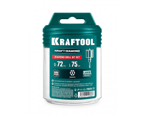 KRAFTOOL DIAMOND d 72 мм (М16, рабочая глубина 75 мм, лазерная сварка), Алмазная Коронка для подрозетников (29820-72)