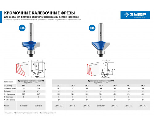 ЗУБР 31,8x13мм, фреза кромочная калевочная(фасочная) №9