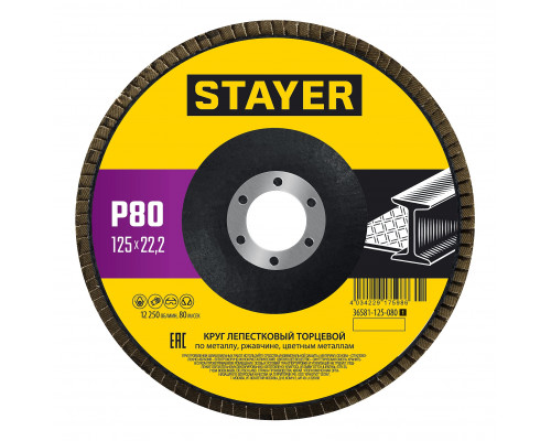 STAYER 125 х 22.2 мм, P80, КЛТ, Круг лепестковый торцевой, Professional (36581-125-080)