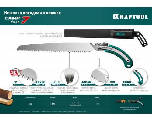 Ножовка для быстрого реза сырой древесины KRAFTOOL 350 мм, CAMP Fast 7