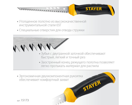 STAYER 160 мм, выкружная ножовка по гипсокартону, Professional (15173)