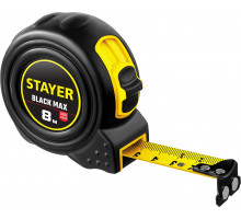 STAYER BlackMax 8м / 25мм рулетка в ударостойком полностью обрезиненном корпусе и двумя фиксаторами