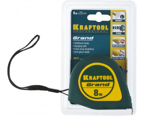 KRAFTOOL GRAND 8м / 25мм рулетка с ударостойким корпусом (ABS) и противоскользящим покрытием