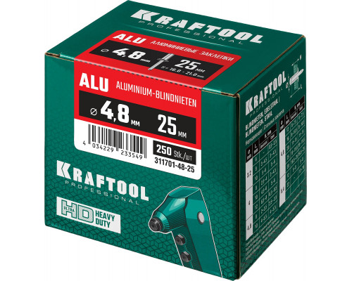 Алюминиевые заклепки Alu (Al5052), 4.8 х 25 мм, 250 шт, KRAFTOOL