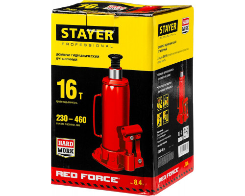 STAYER RED FORCE 16т 230-460мм домкрат бутылочный гидравлический
