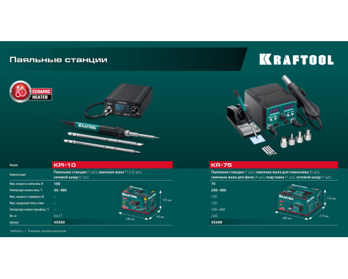 KRAFTOOL KR-75, 2-в-1 100-480°С 750 Вт, Ремонтная паяльная станция (55340)
