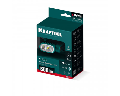 KRAFTOOL KH-10, Hybrid power, 500 лм, 5 режимов, аккумуляторный налобный фонарь, 1000мАч, 3ААА (56452)