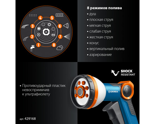 GRINDA Х-812, питолет поливочный X-8, коннектор 1/2, конектор 1/2 с автостопом, адаптер с внутр. резьбой 1/2 х 3/4, набор поливочный PROLine (429168)