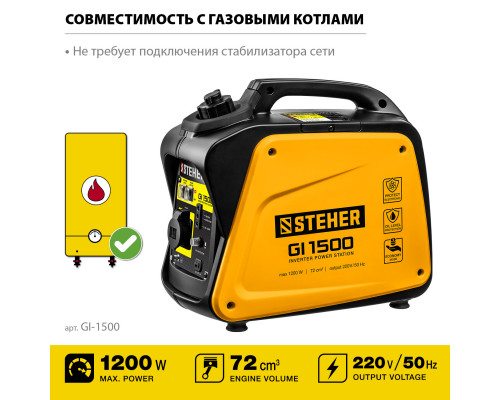 GI-1500 генератор инверторный, 1200 Вт, STEHER