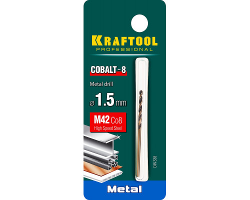KRAFTOOL COBALT 1.5 х43мм, Сверло по металлу HSS-Co(8%) , сталь М42(S2-10-1-8)