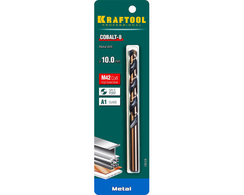 KRAFTOOL COBALT 10.0 х133мм, Сверло по металлу HSS-Co(8%) , сталь М42(S2-10-1-8)