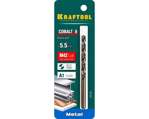 KRAFTOOL COBALT 5.5 х93мм, Сверло по металлу HSS-Co(8%) , сталь М42(S2-10-1-8)