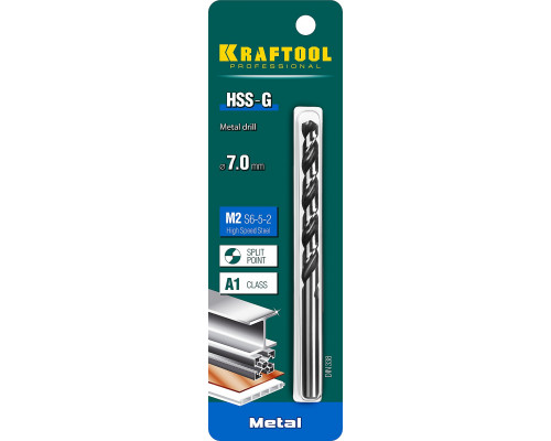 KRAFTOOL HSS-G 7.0 х109мм, Сверло по металлу HSS-G, сталь М2(S6-5-2)