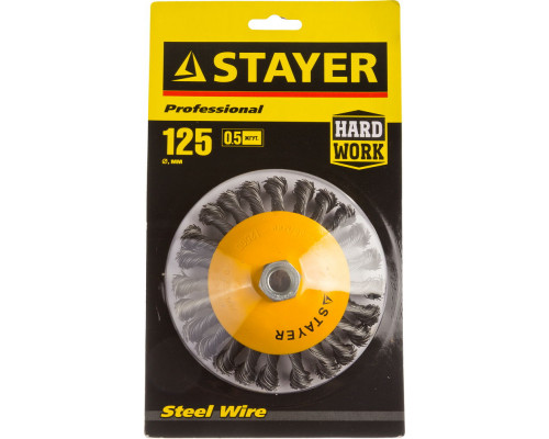 STAYER ″PROFESSIONAL″. Щетка коническая для УШМ, жгутированная стальная проволока 0,5мм, 125ммхМ14