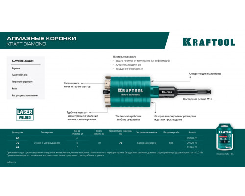 KRAFTOOL DIAMOND d 82 мм (М16, рабочая глубина 75 мм, лазерная сварка), Алмазная Коронка для подрозетников (29820-82)