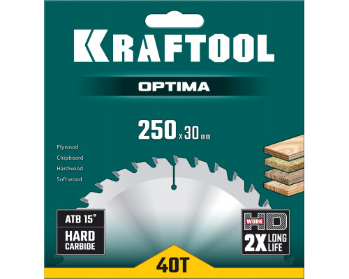 KRAFTOOL Optima, 250 х 30 мм, 40Т, пильный диск по дереву (36951-250-30)
