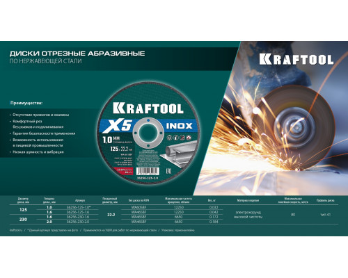 KRAFTOOL X5 INOX 230x1.6 мм по нерж. стали отрезной диск для УШМ (36256-230-1.6)