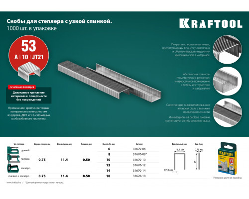 KRAFTOOL 12 мм скобы для степлера узкие тип 53, 1000 шт