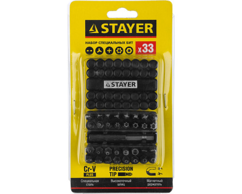 Набор, STAYER Master 26084-H33: Биты СПЕЦИАЛЬНЫЕ Cr-V, с магнитным адаптером, в ударопрочном держателе, 33 предмета