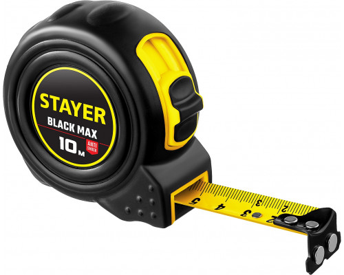 STAYER BlackMax 10м / 25мм рулетка в ударостойком полностью обрезиненном корпусе и двумя фиксаторами