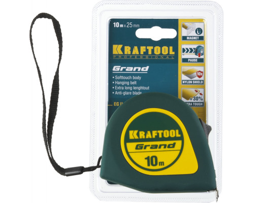 KRAFTOOL GRAND 10м / 25мм рулетка с ударостойким корпусом (ABS) и противоскользящим покрытием