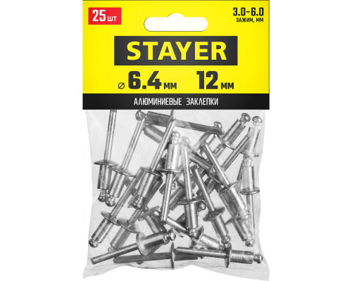 Алюминиевые заклепки Pro-FIX, 6.4 х 12 мм, 25 шт., STAYER Professional
