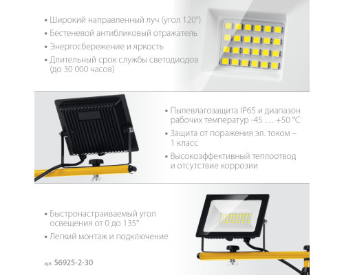 STAYER LED-MAX, 2 х 30 Вт, 6500 К, IP 65, 1.6 м, светодиодные прожекторы на штативе (56925-2-30)