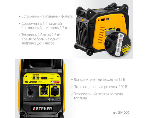 GI-4000 генератор инверторный, 3500 Вт, STEHER