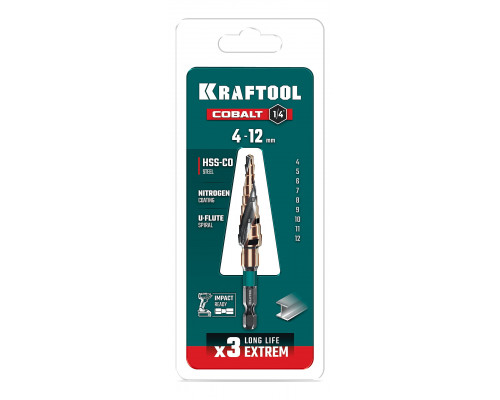 KRAFTOOL COBALT 4-12мм, 9 ступеней, азотирование, винтовая спираль, сверло ступенчатое(29691-4-12-9)