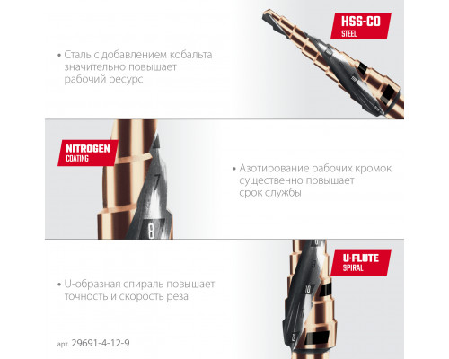 KRAFTOOL COBALT 4-12мм, 9 ступеней, азотирование, винтовая спираль, сверло ступенчатое(29691-4-12-9)