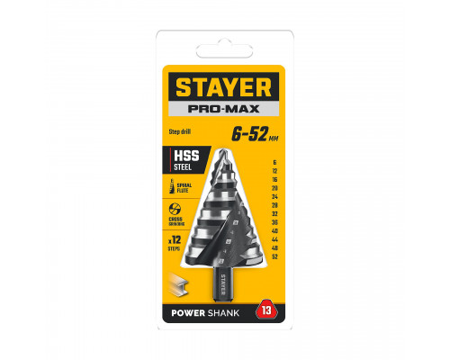 STAYER Pro-Max 6-52мм, 12 ступеней, винтовая спираль, сверло ступенчатое (29661-6-52-12)