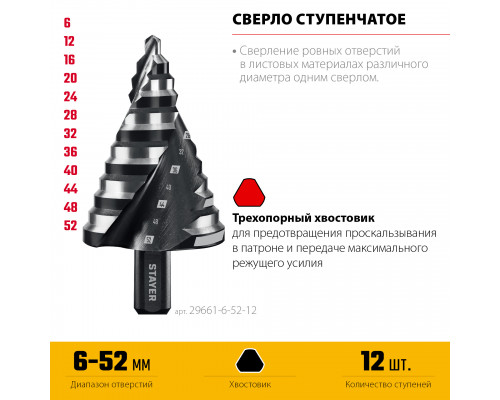 STAYER Pro-Max 6-52мм, 12 ступеней, винтовая спираль, сверло ступенчатое (29661-6-52-12)