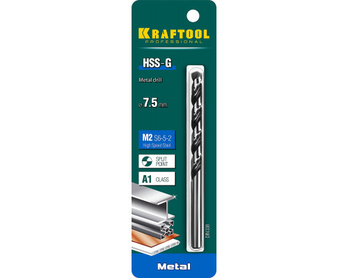 KRAFTOOL HSS-G 7.5 х109мм, Сверло по металлу HSS-G, сталь М2(S6-5-2)