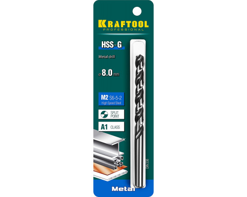 KRAFTOOL HSS-G 8.0 х117мм, Сверло по металлу HSS-G, сталь М2(S6-5-2)