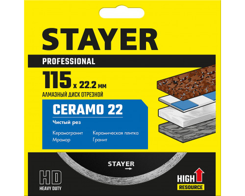 STAYER Ceramo-22, d 115 мм, (22.2 мм, 5 х 1.9 мм), сплошной сплошной алмазный диск, Professional (3664-115)