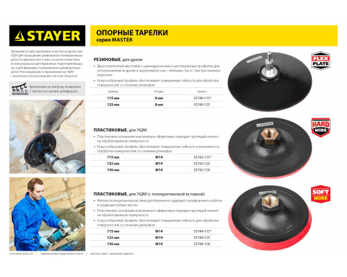 Тарелка опорная STAYER ″MASTER″ пластиковая для УШМ, на липучке, d=125мм, М14