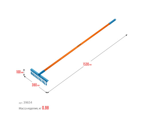 GRINDA PR-12T FIBER, 380 х 100 х 1530 мм, 12 витых зубцов, углеродистая сталь, фибергласовый черенок, садовые грабли, PROLine (39654)
