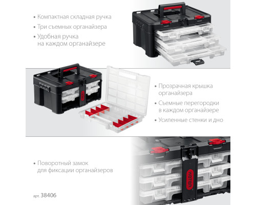 KETER STACKNROLL, 481 х 332 х 233 мм, (19″), пластиковый ящик с 3 органайзерами и 18 ячейками (38406)